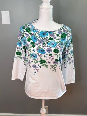 Talbots White Floral Print Boat Neck Tee 3/4 Sleeve Stretch Top L Cotton